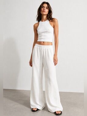 Zara White Textured Wide-Leg Pants – Small